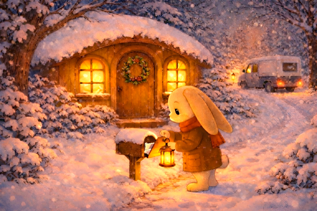 The rabbit at the mailbox in the snow with a lantern